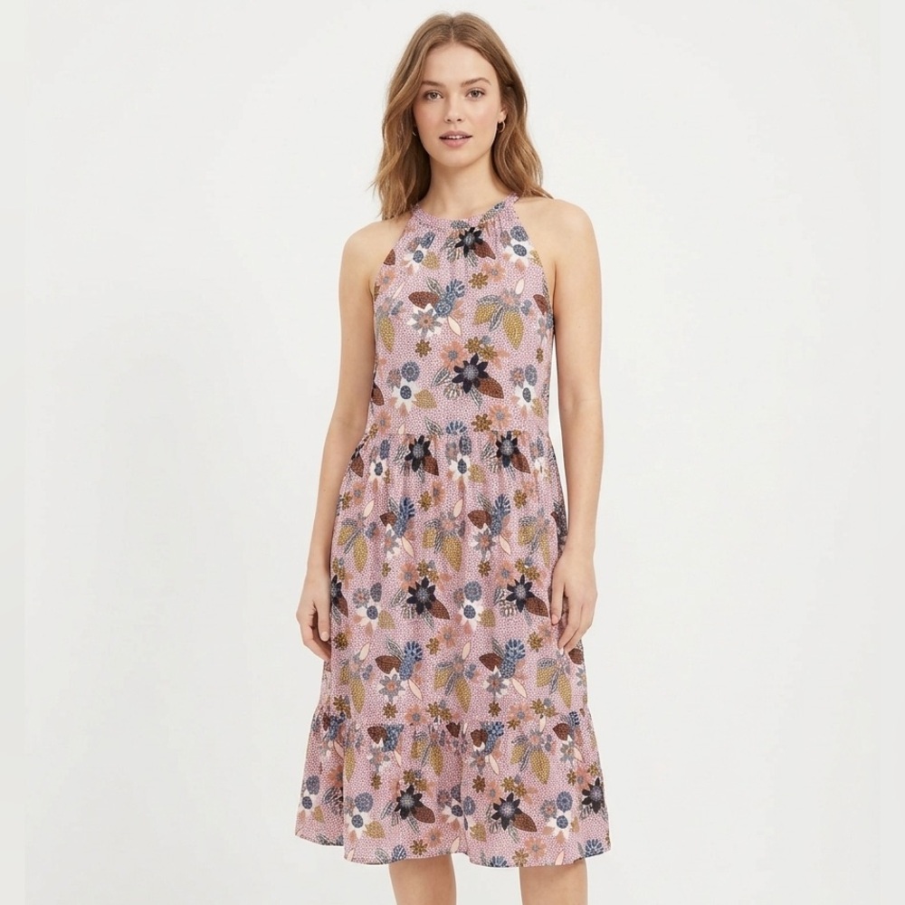 LOFT Floral Halter Midi Dress Mauve Purple Tiered Skirt Size Medium
